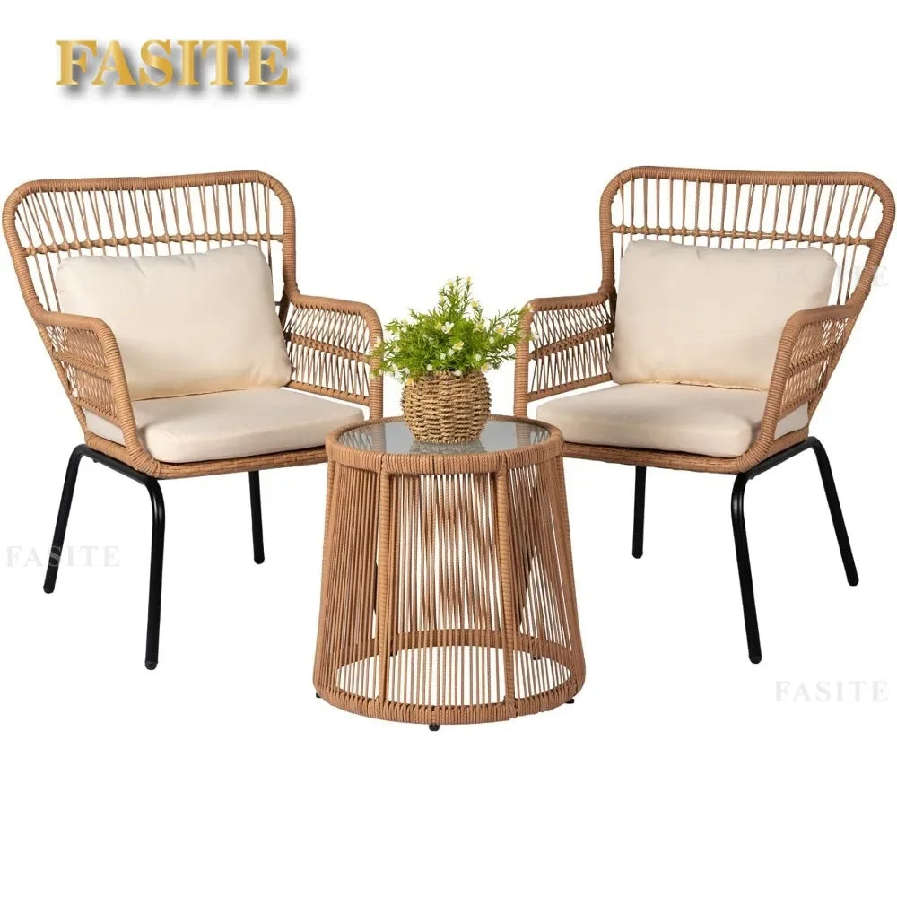 3 Piece Outdoor Wicker Furniture Bistro Set, Rattan Chairs Conversation Porch