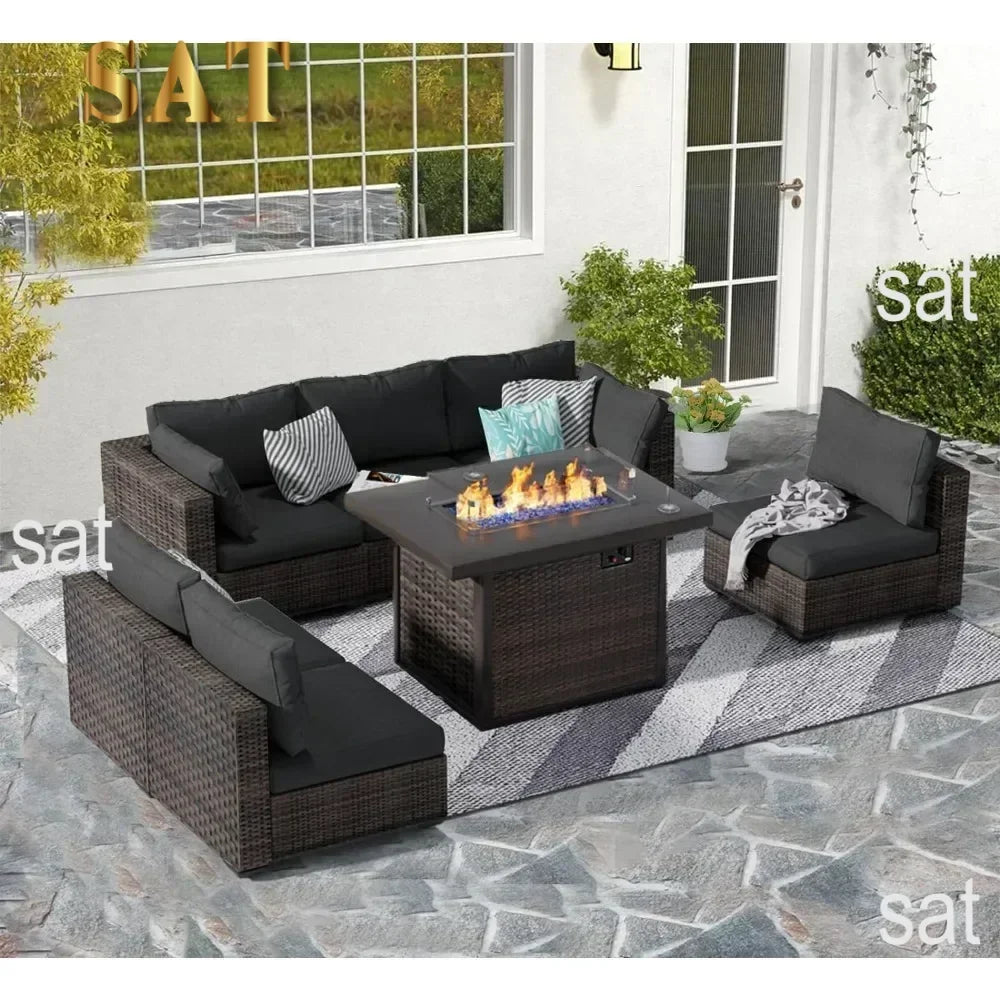 /Garden Furniture 7 Pie Set with Fire Pit Table, Rattan Outdoor Patio Sectional Conversation Furniture Sets WSeat Cushions