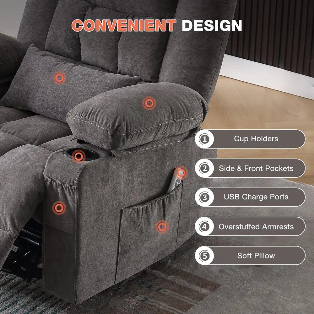 Massage Swivel Recliner Chair with Vibration Massage and Lumbar Heating for Adults, Oversized Rocker Recliner Sofa with Side Poc