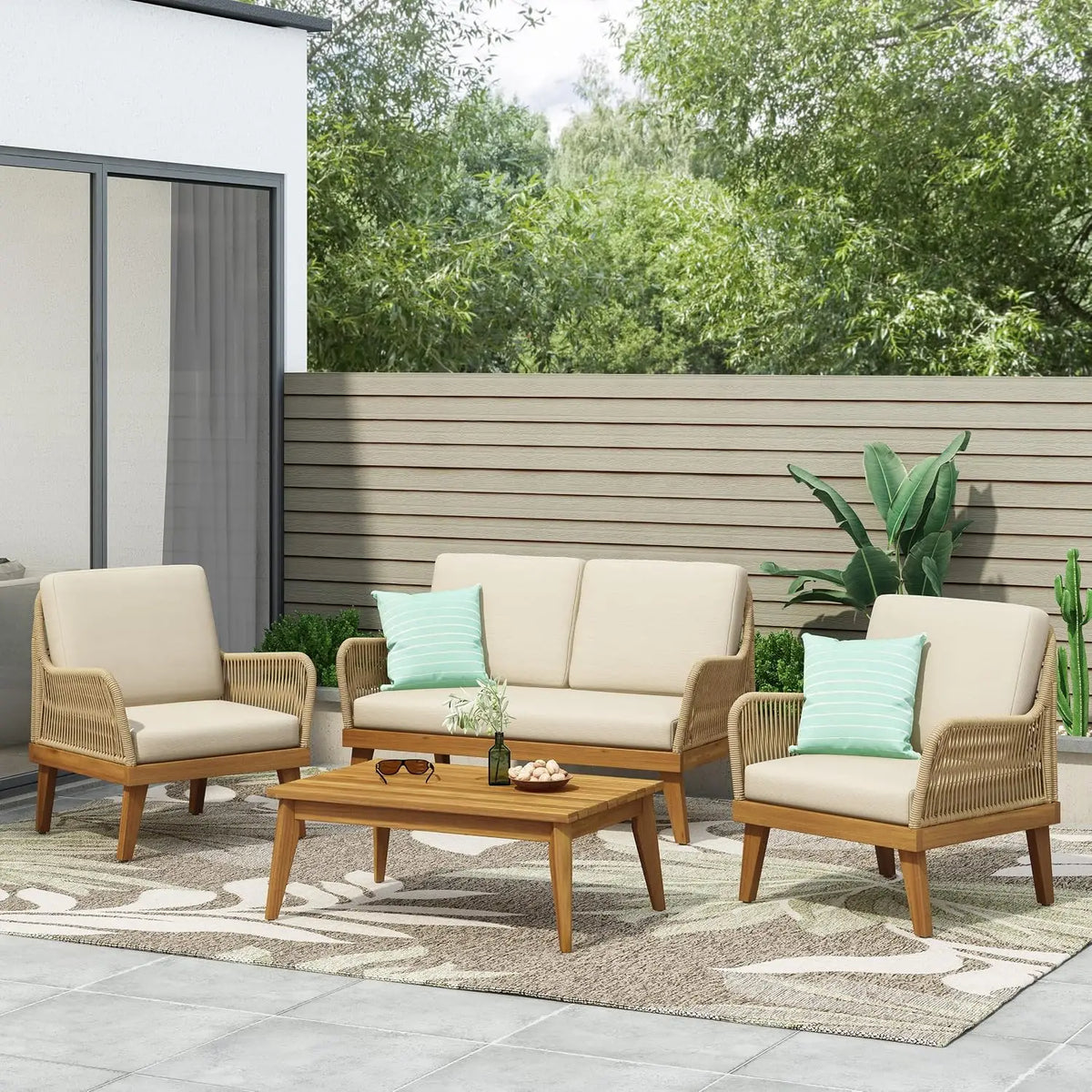 4-Piece Patio Set, All Weather Sectional w/ 2 Chairs, Loveseat & Table, Acacia Wood Outdoor Furniture with Cushions, Customized