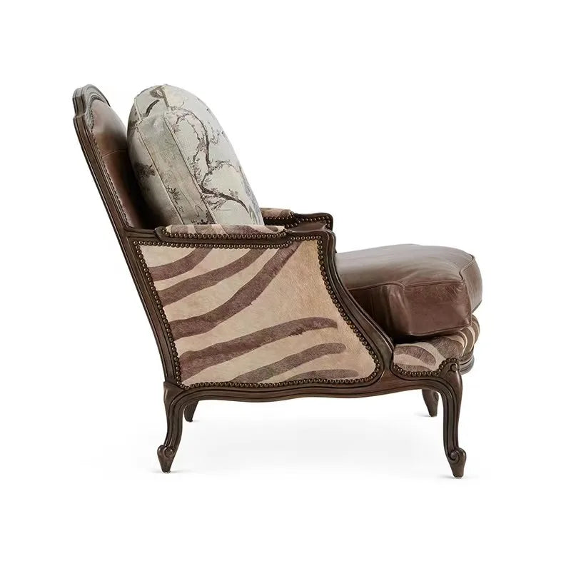 #American single sofa chair, solid wood top layer cowhide microfiber lounge chair, vintage carved negotiation chair, large apart