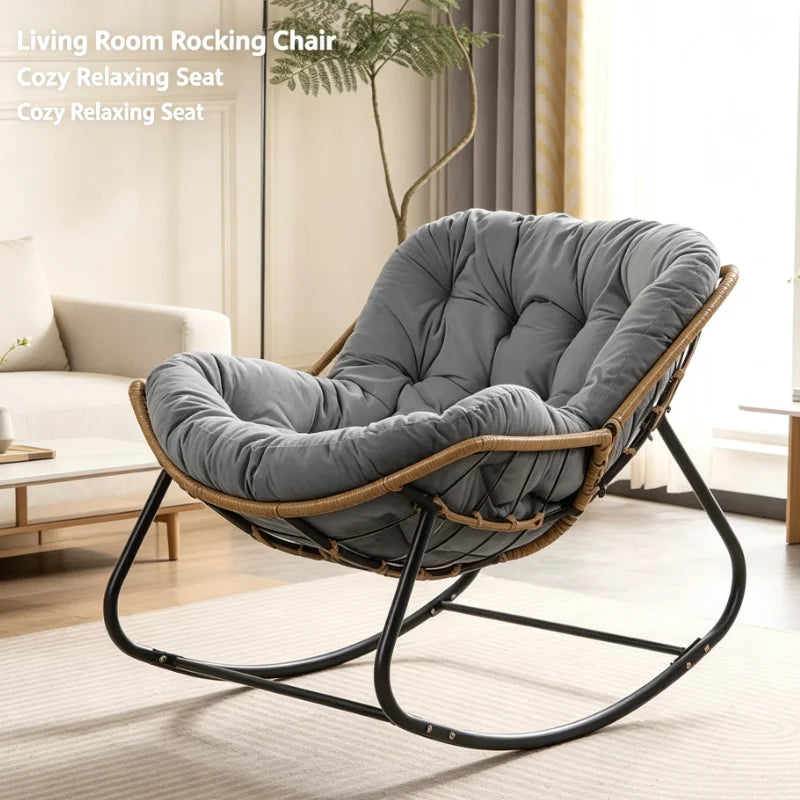 Large Rattan Rocking Chair With Thick Cushion Modern Lounge Seat For Living Room Bedroom Balcony