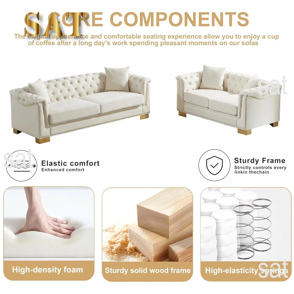 #2 Pieces 84" 3-Seater + 62" Loveseat Beige Velvet Sofa Sets, 4 Cushion Classic 6.5" Rolled Arm Modern, Customized