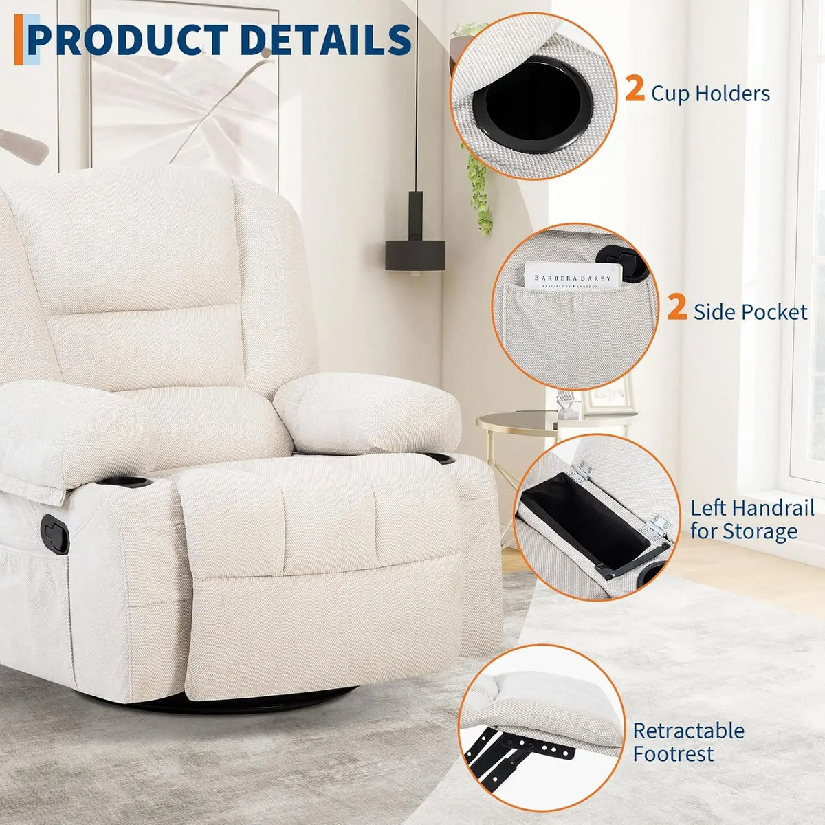Oversized Recliner Chair, Massage Rocker, 360 Swivel, Heat, USB 350 LB Capacity, 8-Point Vibration, Lumbar Heat, 145° Recline, 2 Cup Holders, USB Port, Side Pocket And Retractable Footrest