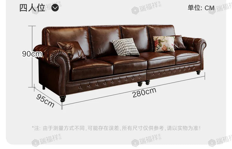 4-10 genuine leather sofa, living room 3-4 seater sectional, vintage oil wax leather brown straight sofa