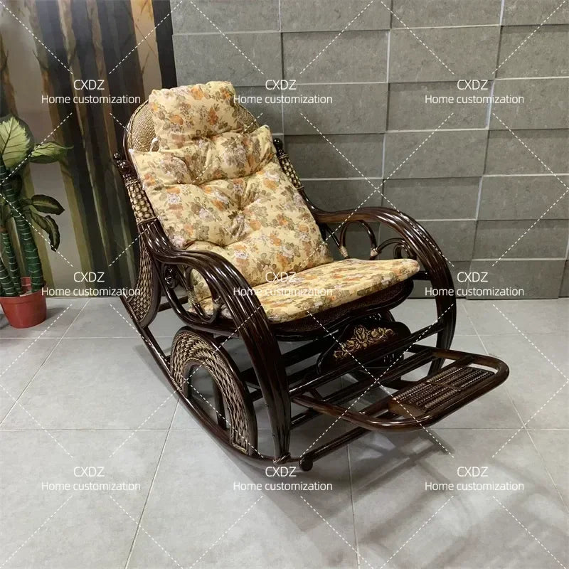 Rattan Rocking Chair for Adults and Elderly Balcony Leisure Recliner Rural Style Comfortable Nap Chair Home Furniture