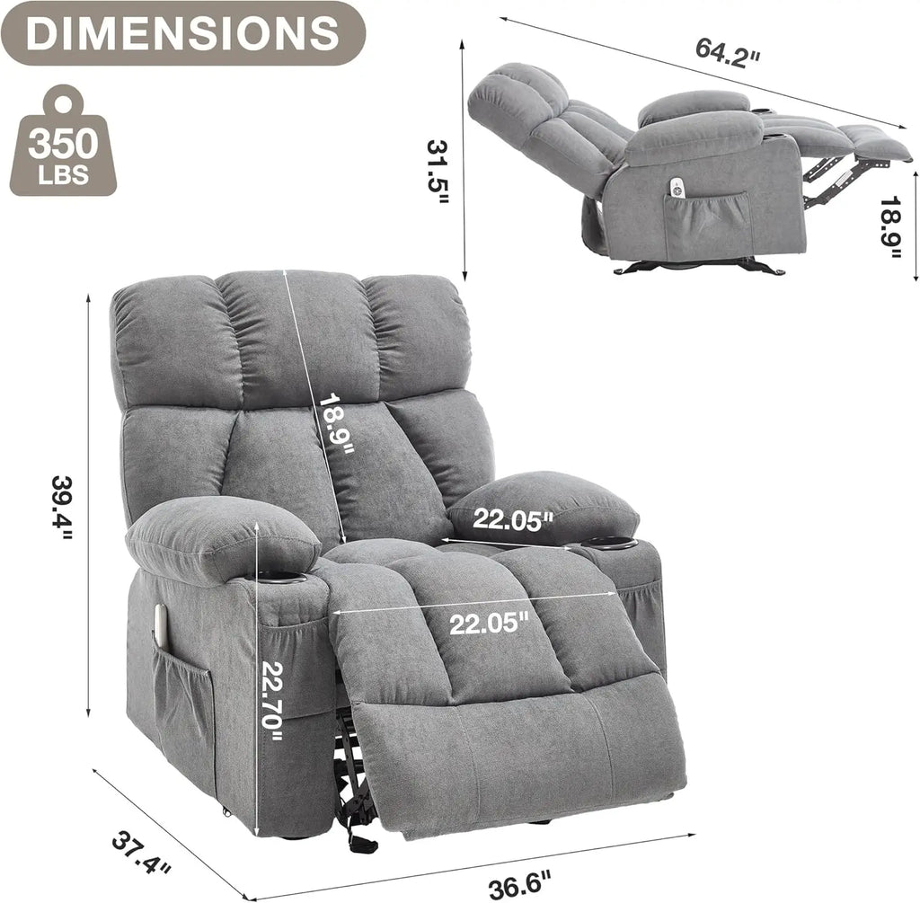 Massage Recliner Chair with Heat & Vibration, USB Port, Cup Holders - Grey Rocking Lounge Chair for Living Room