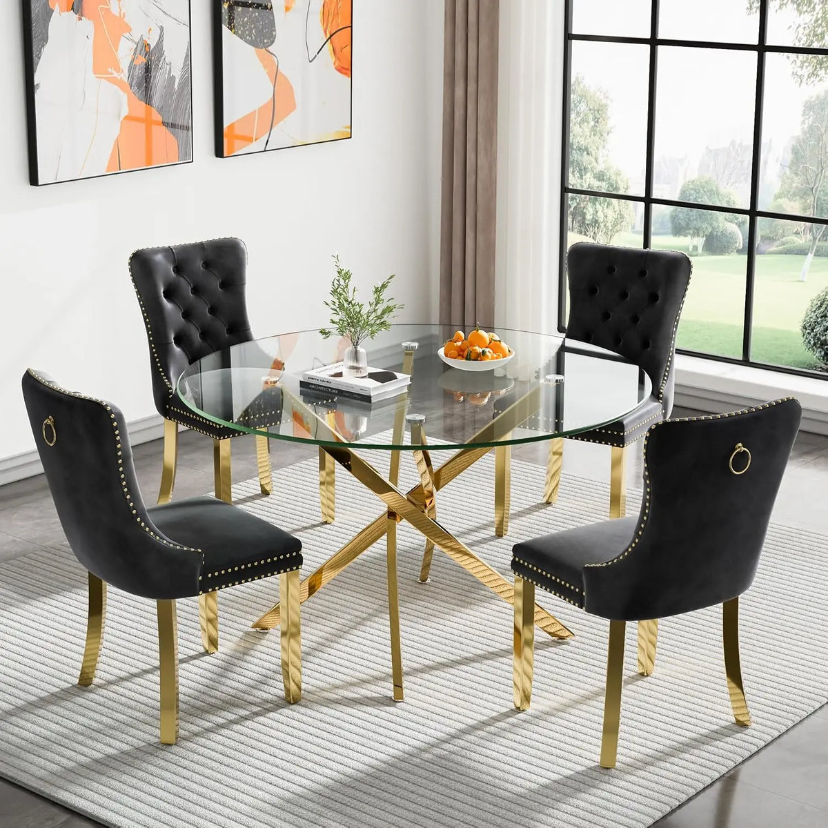 5-Piece Round Glass Dining Table Set for 4, 47.2" Circle Table with 4 Tufted Chairs for Kitchen Home Office, Customized