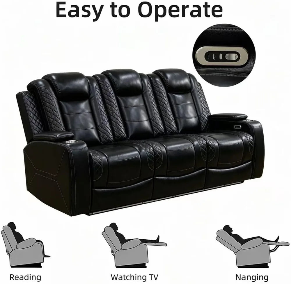 3-Piece Power Recliner Sofa Set, Leather Sectional with Drop-Down Table, Cup Holders, Storage Console, LED Light, Black