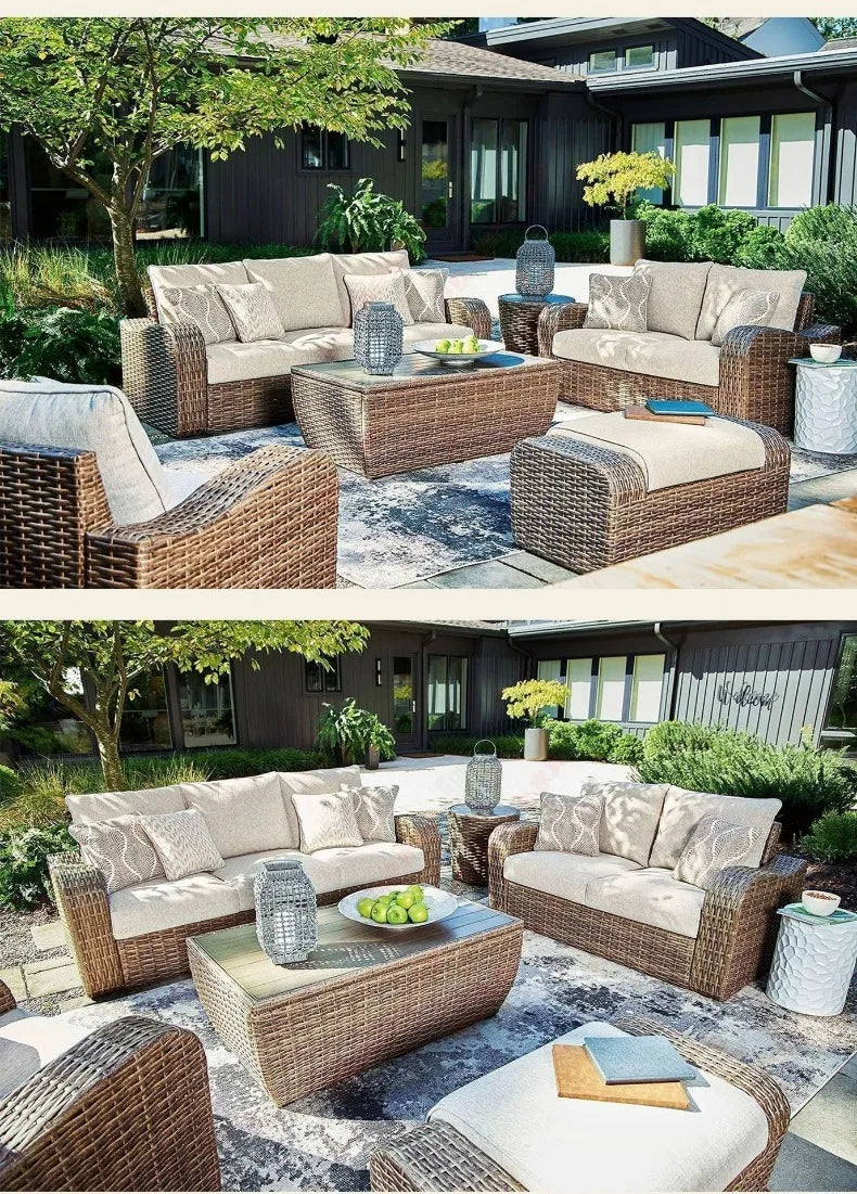 Outdoor PE Rattan Sofa Table Set, Waterproof Sun‑Resistant Patio Furniture for Garden, Balcony and Backyard Leisure Use