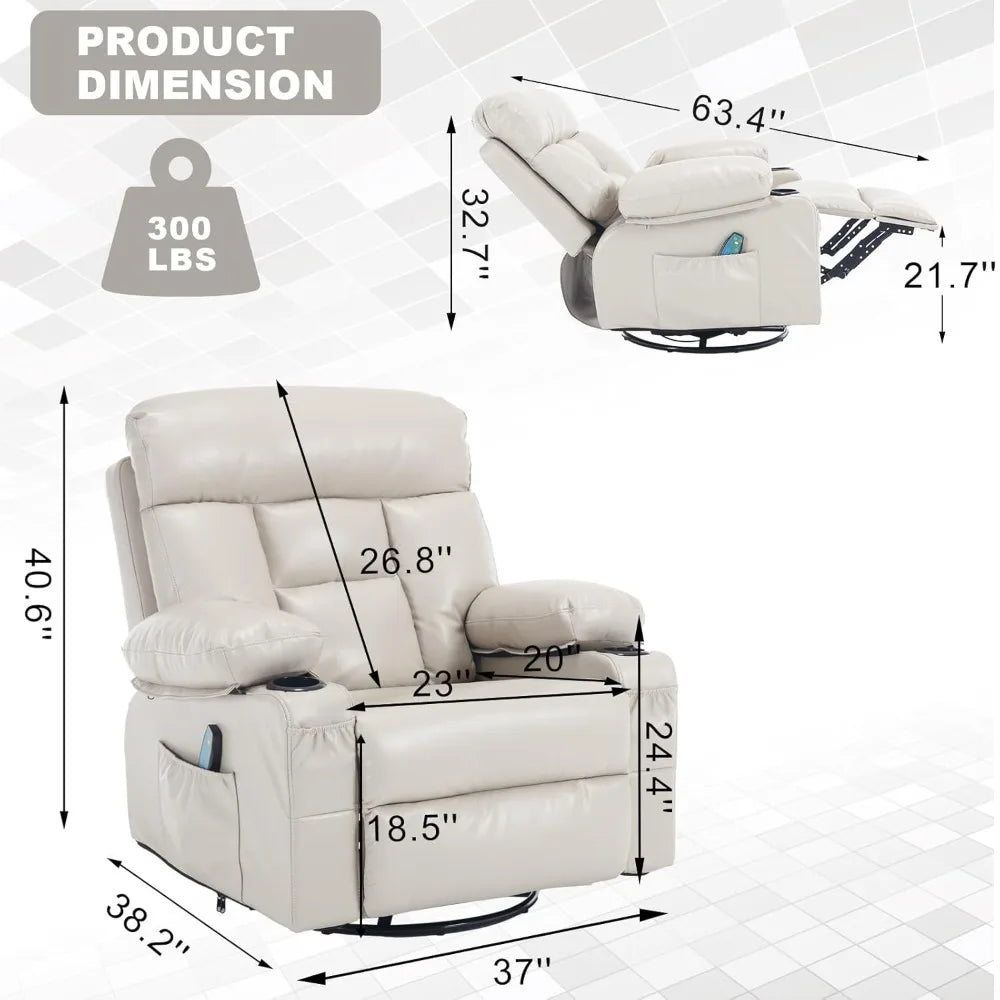 Swivel Rocker Recliner with Heat and Massage, Heated Massaging Reclining Chair with Cup Holders, Faux Leather, Customized
