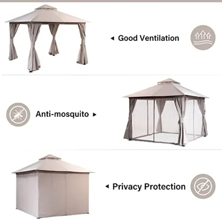 Gazebo 10x10ft, Heavy Duty Patio Gazebo with Expansion Bolts, Party Canopy Tent with Double Roofs, Mosquito Nettings and Privac