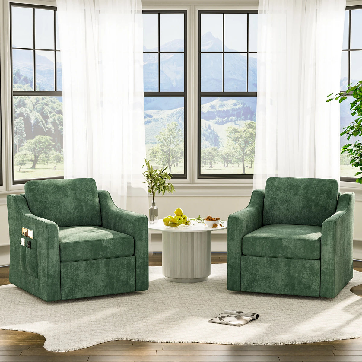 360° Swivel Accent Chair Set of 2, Large Comfy Reading Chairs, Accent Square Single-seat Armchair Upholstered Sofa