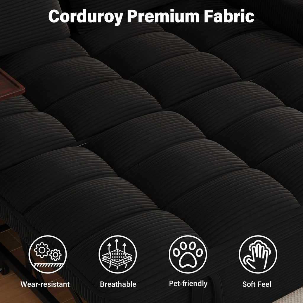 65" 3-in-1 Folding Convertible Sofa Bed with 360° Swivel Side Table, Pull Out Couch USB Charging, Modern Corduroy Chenille, Black