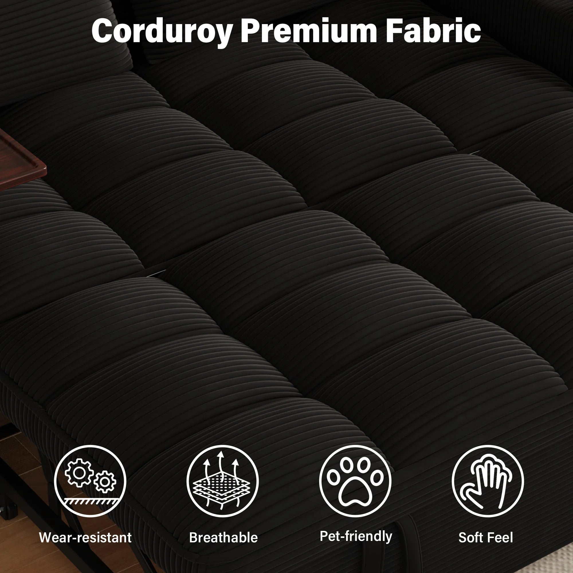 65" 3-in-1 Folding Convertible Sofa Bed with 360° Swivel Side Table, Pull Out Couch USB Charging, Modern Corduroy Chenille, Black