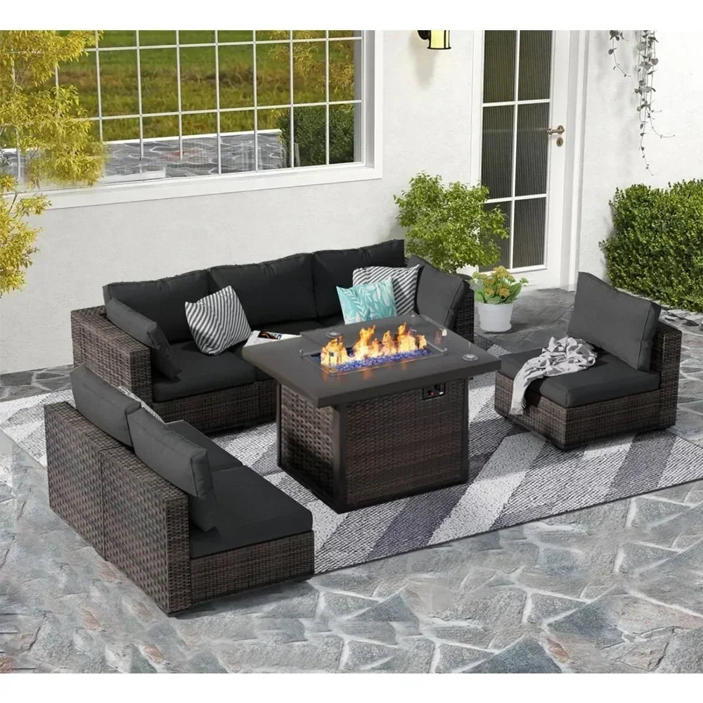 /Garden Furniture 7 Pie Set with Fire Pit Table, Rattan Outdoor Patio Sectional Conversation Furniture Sets WSeat Cushions