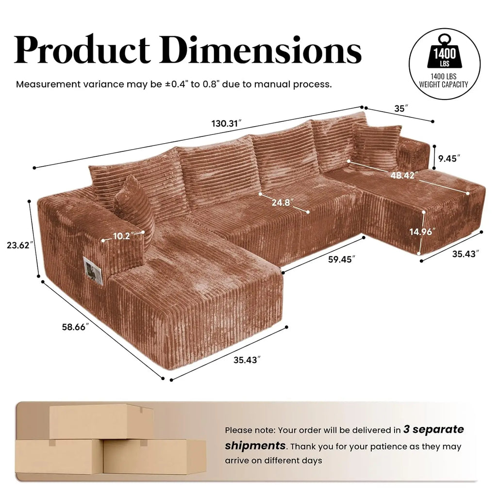130'' U Shaped Sectional Couches for Living Room, Modular Boneless Cloud Sofa with 2 Chaise Lounges, 4-in-1, Customized