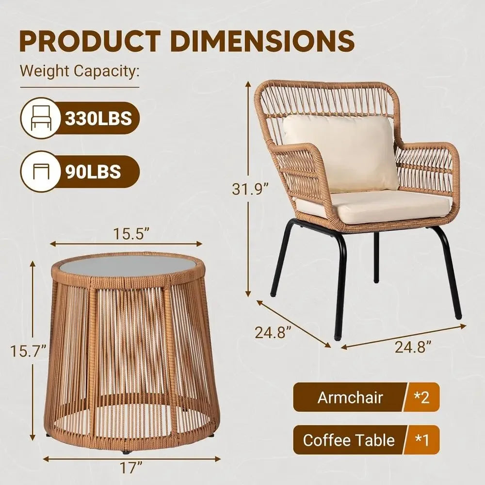 3-Piece Outdoor Wicker Bistro Set with 2 Rattan Chairs and Tempered Glass Table for Patio, Balcony, Poolside, and Backyard in Be