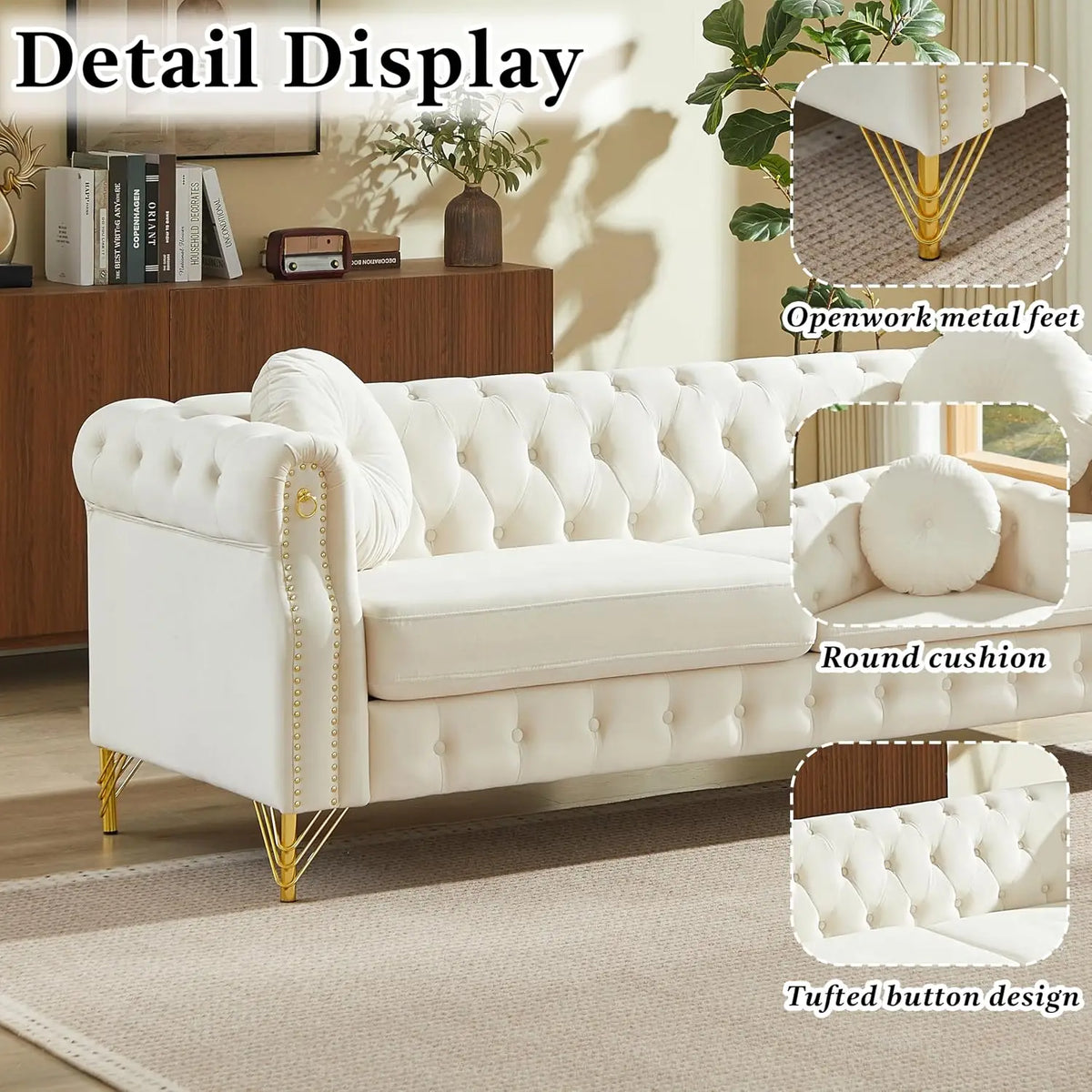 82" Beige 3-Seater Velvet Sofa with Pillows & Copper Studs, Living Room Furniture, Customized