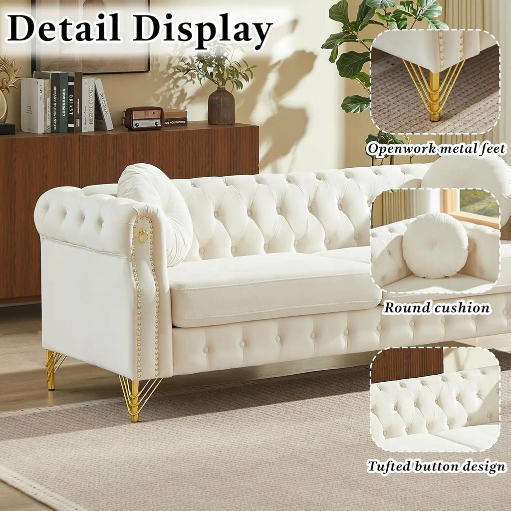 82" Beige 3-Seater Velvet Sofa with Pillows & Copper Studs, Living Room Furniture, Customized