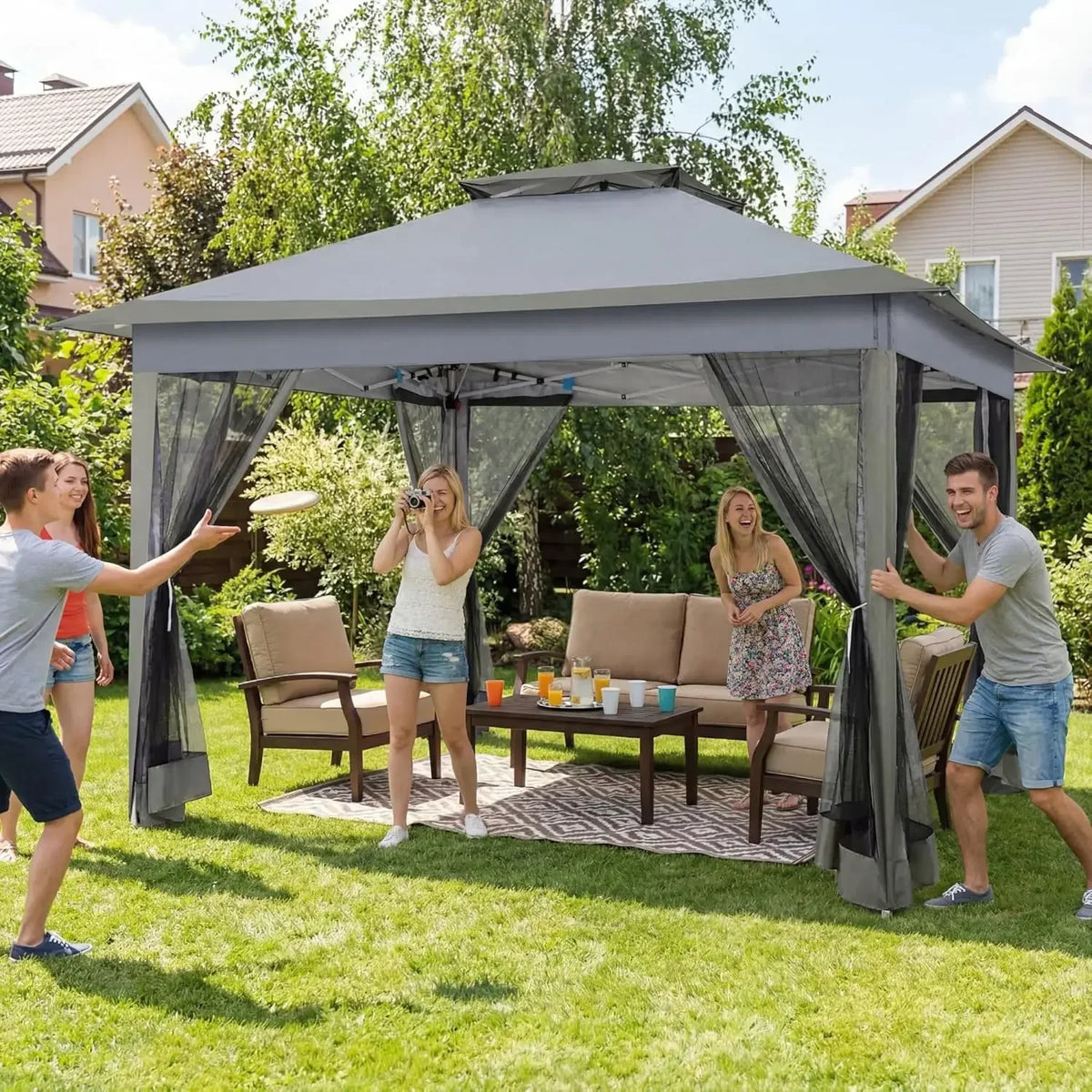 11x11 Pop Up Gazebo with Netting, Canopy Tent, Gray