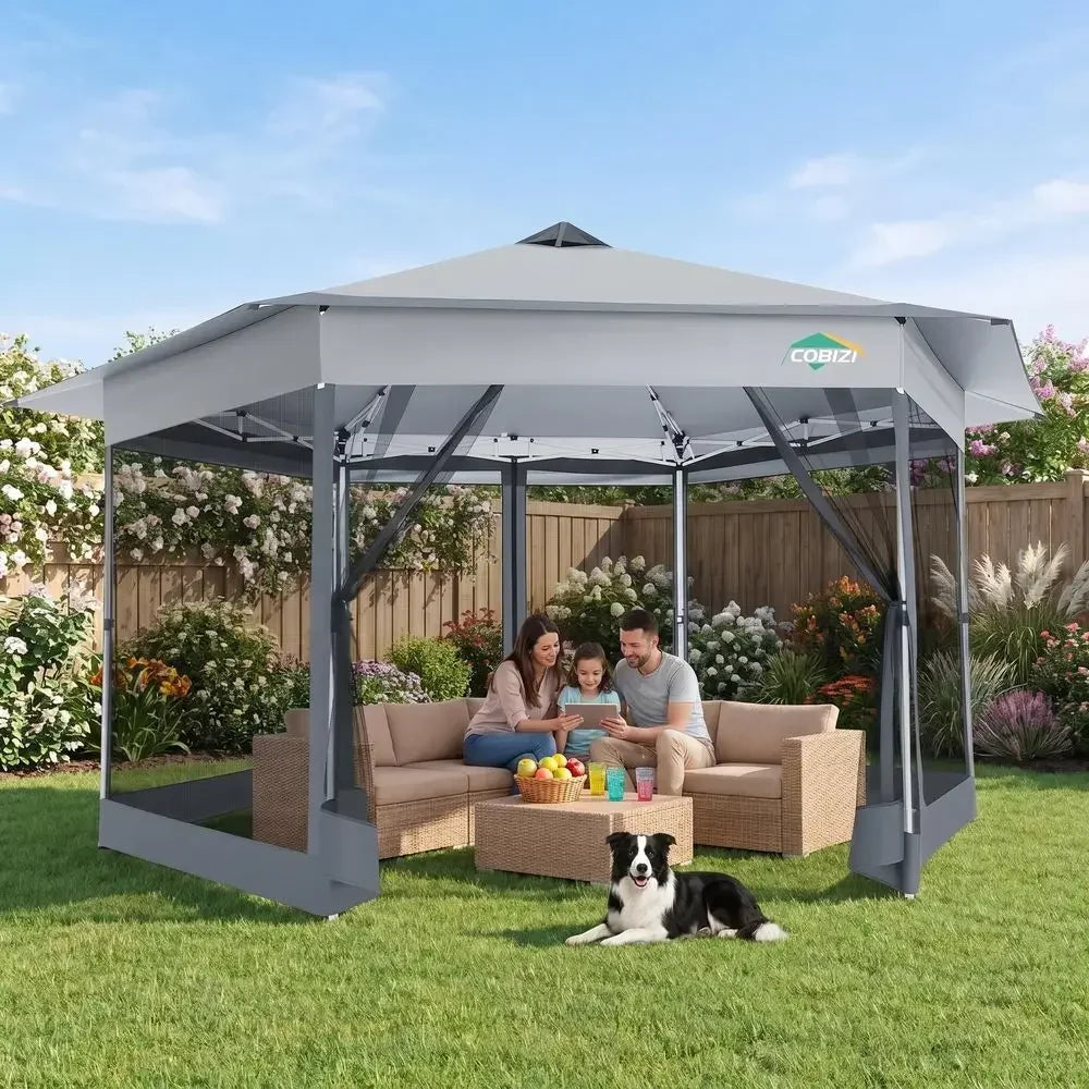 Pop Up Gazebo16x16 Tent with Mosquito Netting, White Gazebos on Clearance, Hexagonal Outdoor Canopy Shelter, Center Lock 6Sided