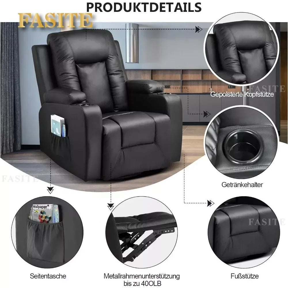 Leather Recliner Chair Modern Rocker with Heated Massage Ergonomic Lounge 360 Degree Swivel Single Sofa Seat with Drink Holders