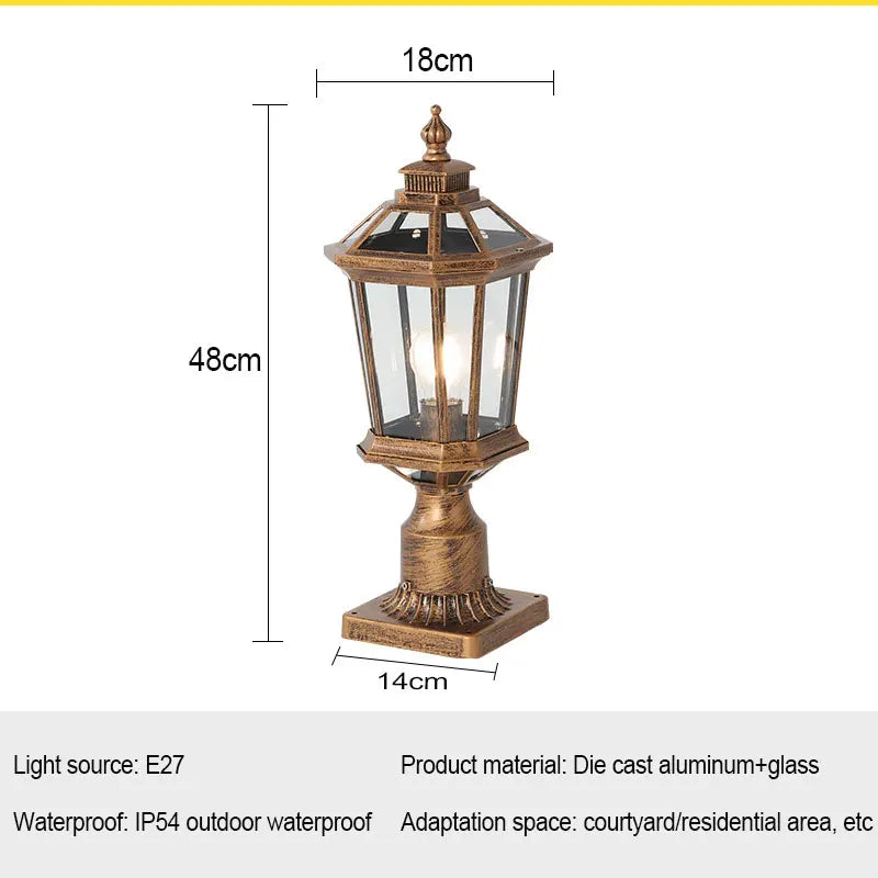 Waterproof Gold Garden Landscape Column Light Outdoor Door Post Porch Light with Glass for Villa Decor