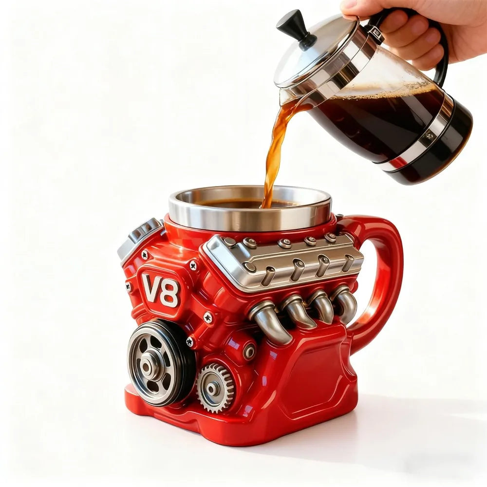 Retro Engine Coffee Mug Double Wall 180ML V8 Engines Stainless Steel Cup with Handle Realistic Design Insulation Car Mug