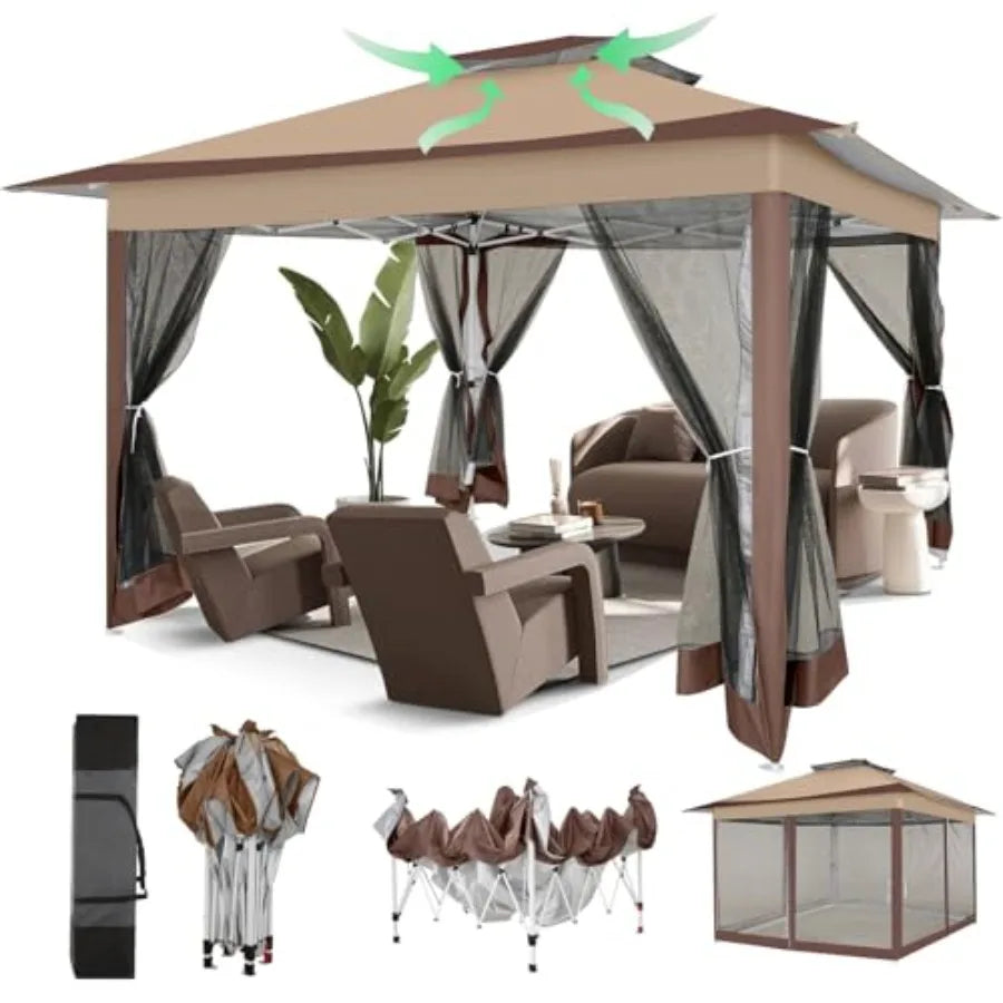 Pop Up Gazebos On Clearance - Upgrade Easy Up Metal Outdoor Gazebo Waterproof - Portable Gazebo with Mosquito Nettings, 4 Ropes