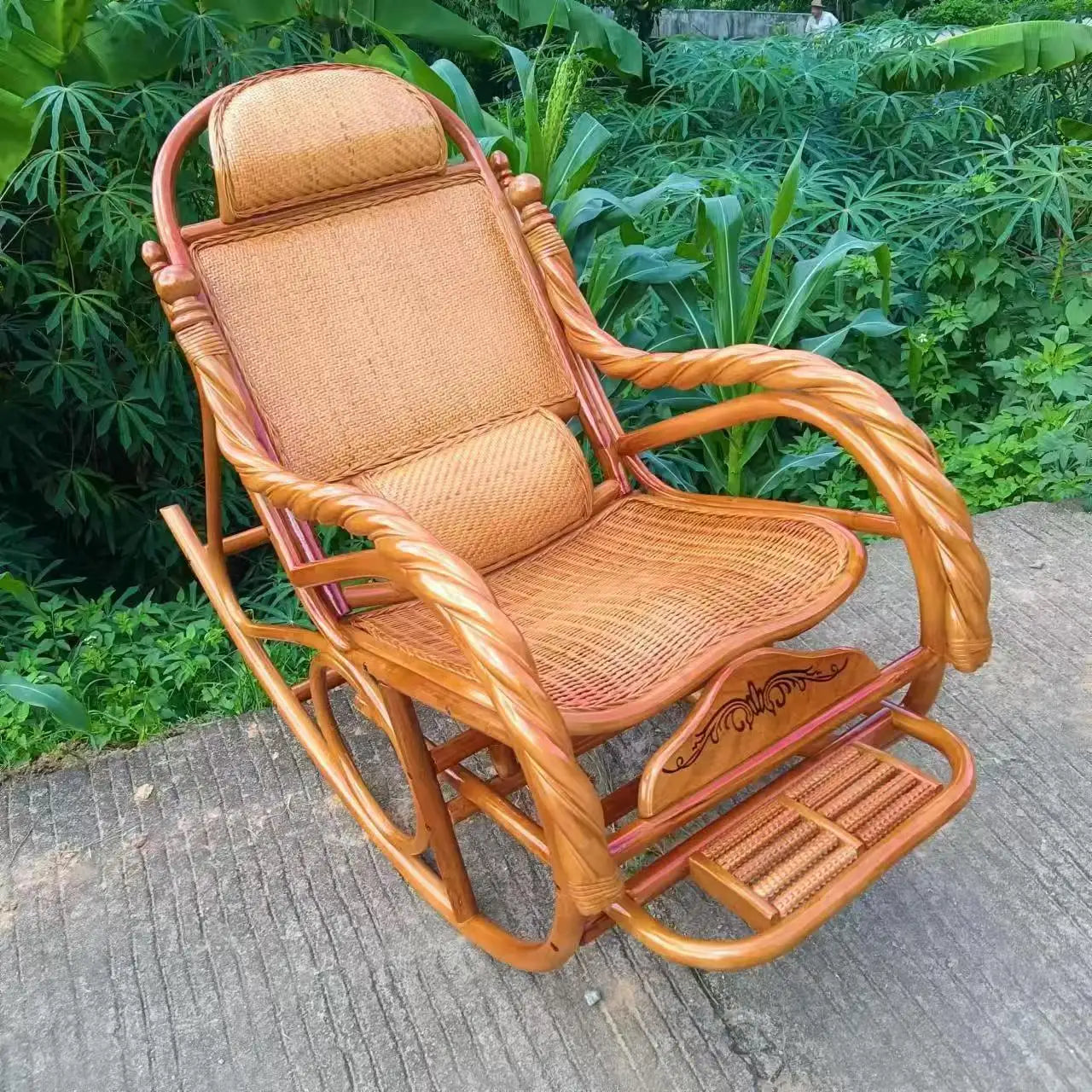 Balcony elderly rattan chair household large medium new Chinese real rattan recliner