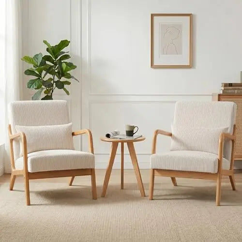 Mid Century Modern Accent Chairs Set of 2, Upholstered Fabric Armchairs with Lumbar Pillows and Solid Rubberwood Frame