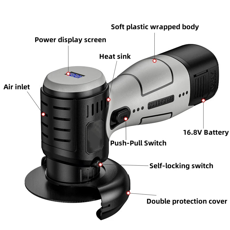 16.8V Brushless Angle Grinder 20000RPM Electric Polishing Grinding Machine Mini Cordless Cutting Lithium Battery Power Tool