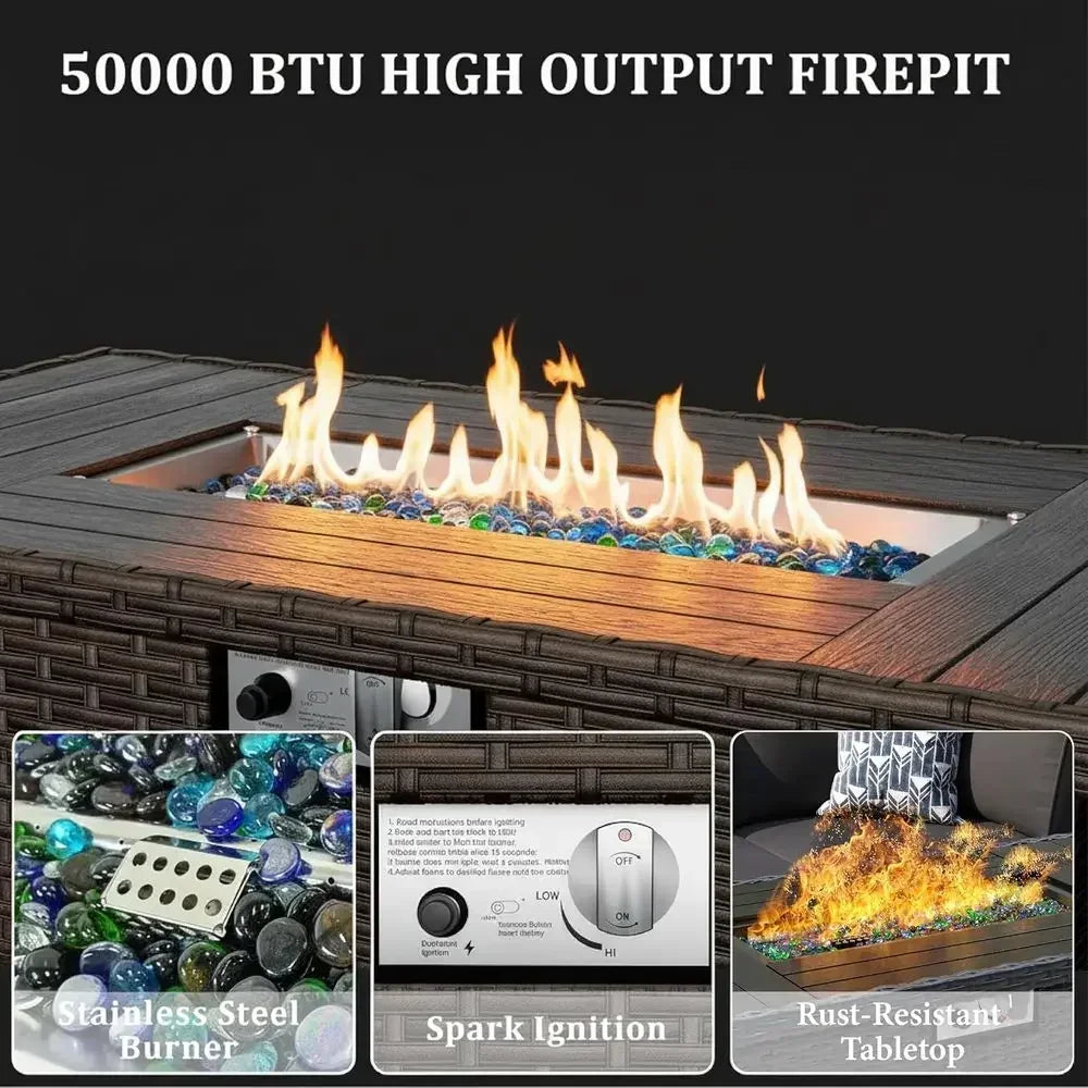 8-Piece Outdoor Patio Furniture Set with 44 Fire Pit Table, Rattan Sectional, Coffee Table, Waterproof Covers, Gray