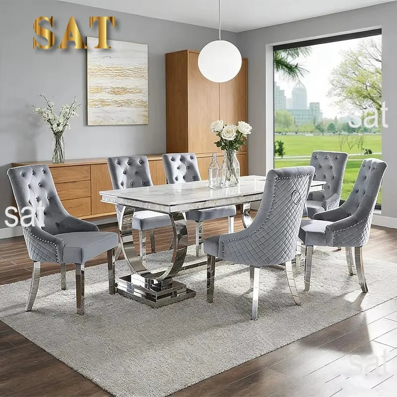 # Factory Wholesale Solid Marble Dining Table with Silver Circle Decorations