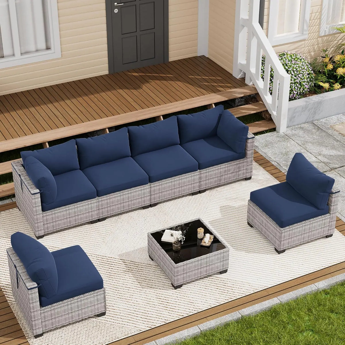 7 Piece Wicker Rattan Patio Conversation Set, Outdoor Sectional Sofa, Custom