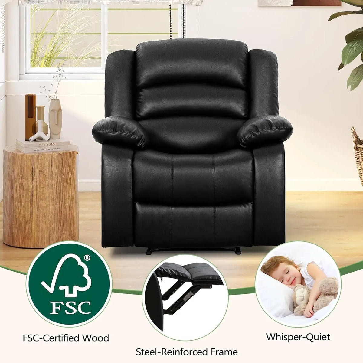 Black Recliner Chair with Overstuffed Arm and Back, Breathable Faux Leather Manual Reclining Chairs, Living Room Single, Custom