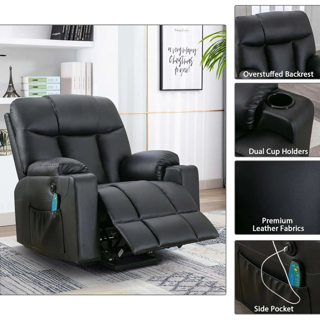 Electric Power Lift Recliner Chair with Massage Heat for Elderly, 3 Positions, USB, Cup Holders, Faux Leather