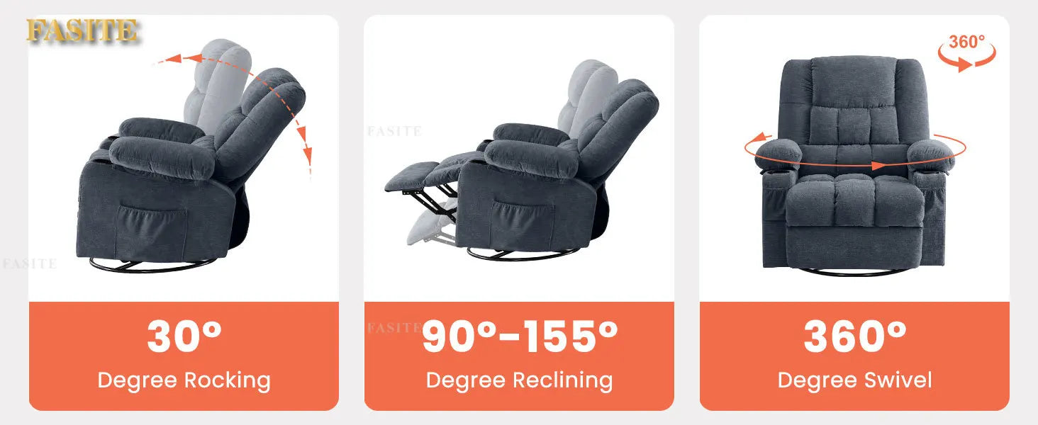 350 Pound Swivel 360° Rocking Massage Heating Recliner Sofa Chair in Anji Rocking Reclining Chair for Adults