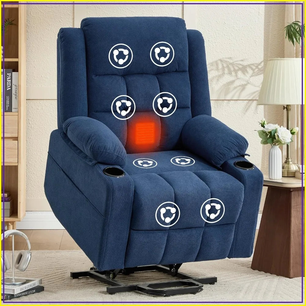 Power Lift Recliner Chair Elderly Massage Heat Fabric Electric Sofa Side Pocket Cup Holders Living Room Navy