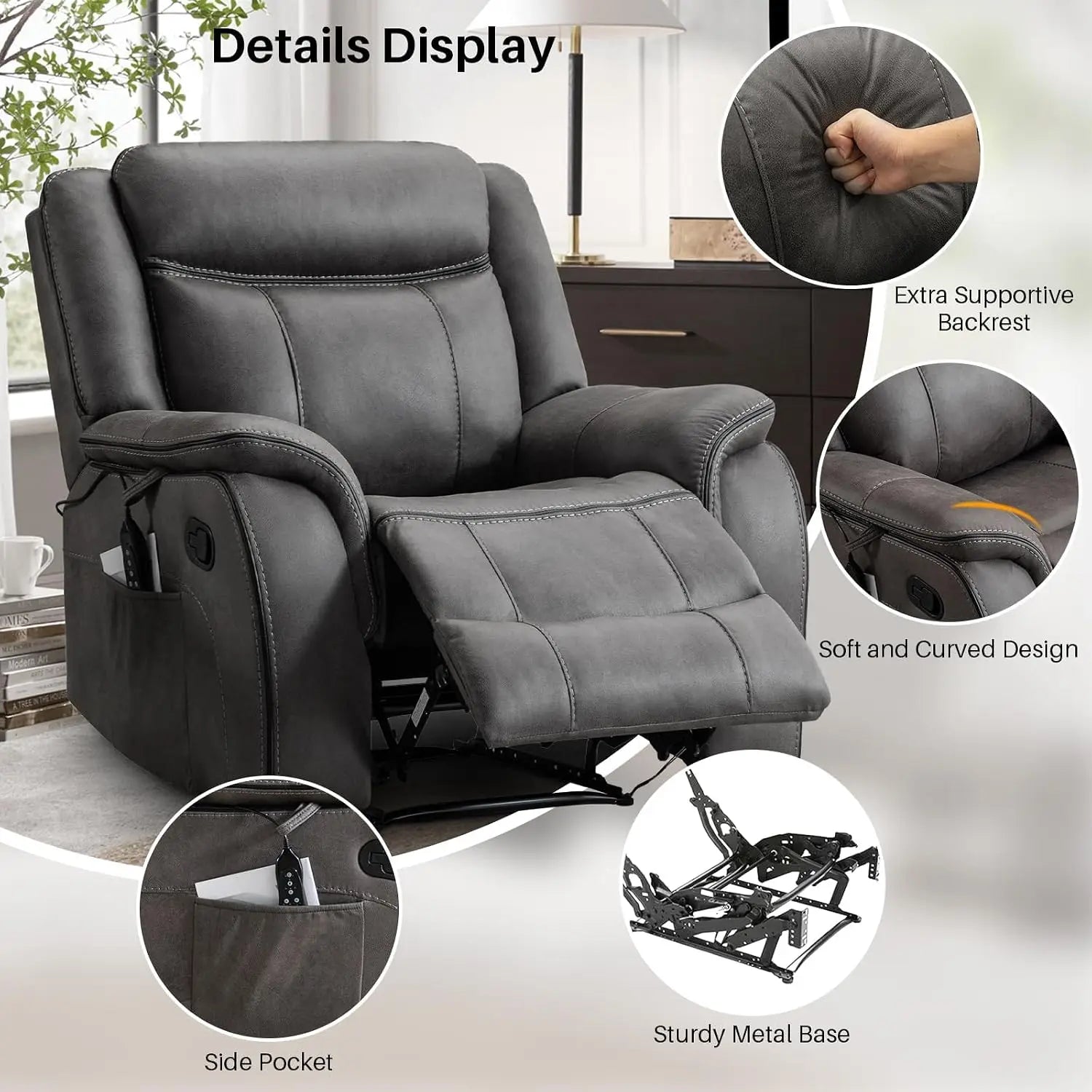 39" Wide Manual Massage Recliner with Heat, Faux Leather Ergonomic Lounge Chair, Overstuffed Wall Hugger for Living Room, Custom
