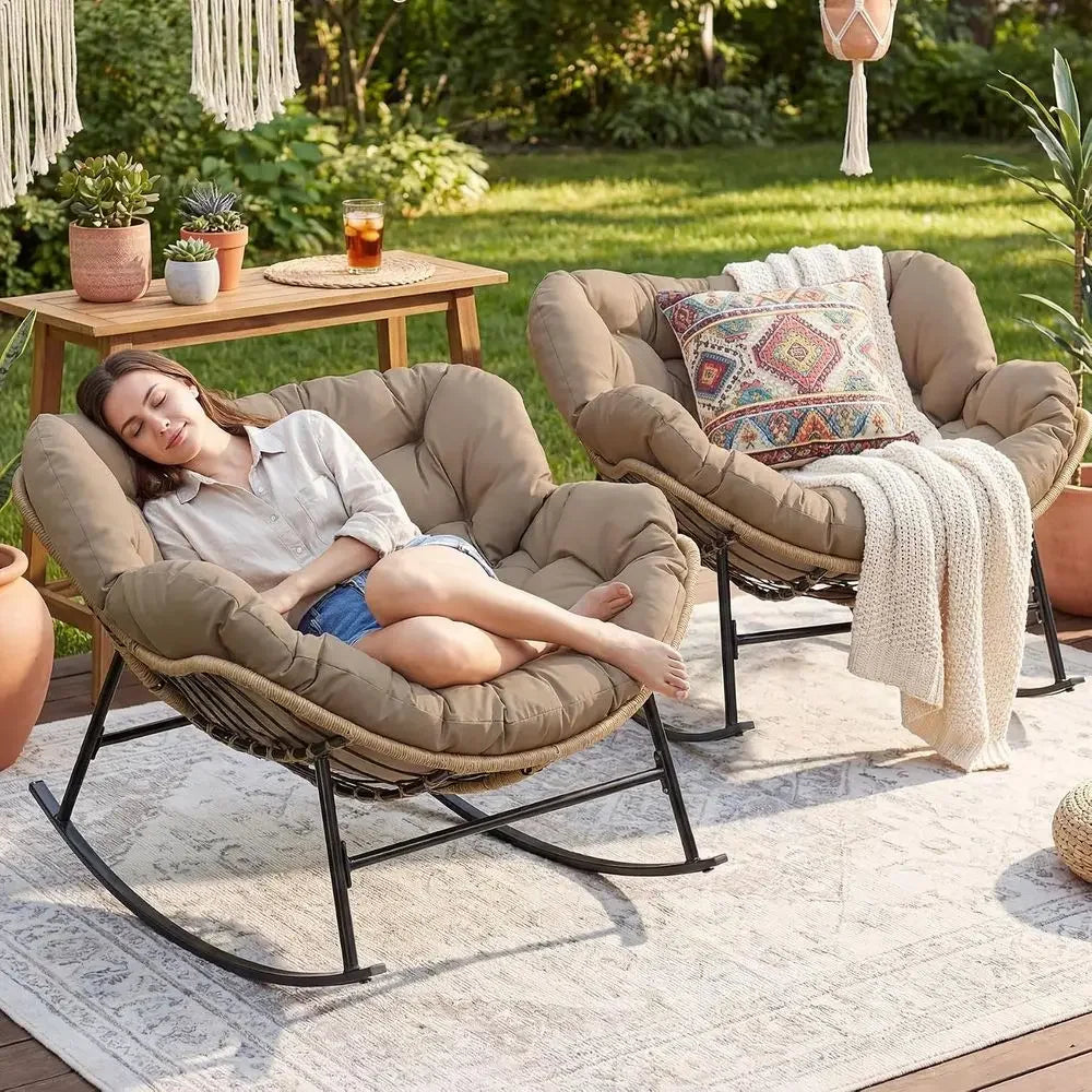 Patio Rocking Chair Set o 2, Outdoor Indoor Oversized Papasan Chairs, 2 Person Double Wicker Egg Rockers with Padded Cushions, C