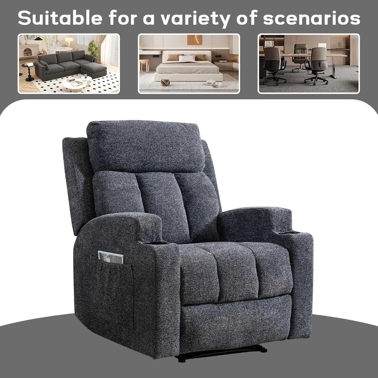 Manual Recliner Chair with Massage and Heat, Soft Fabric Recliner Chair with Overstuffed Arm and Back, Manual Reclining, Custom