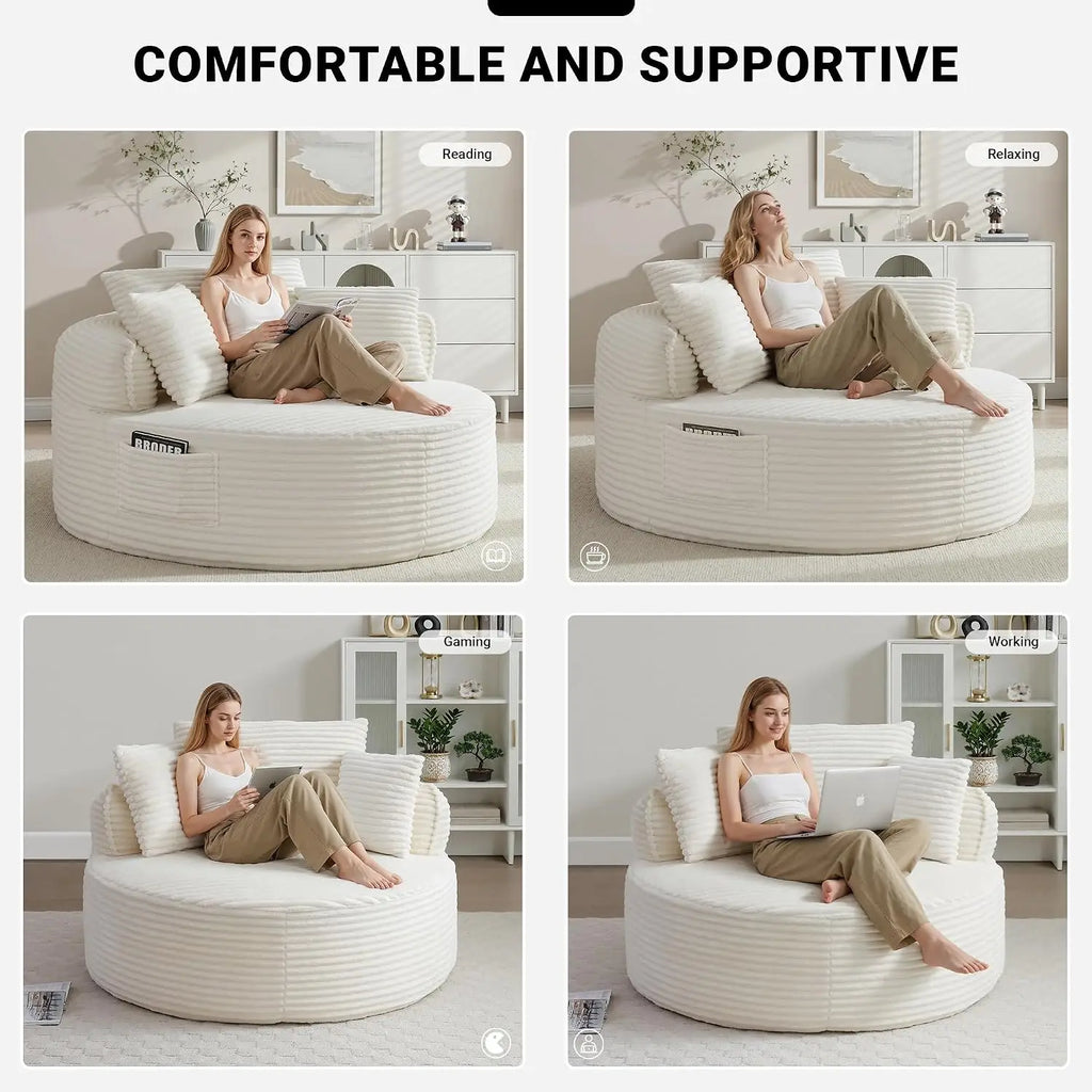 Oversized Round Lounge Chair Indoor, Corduroy Upholstered Deep Seat Cloud Circle Sofa Chair, Fluffy Boneless Sleeper Chair for R
