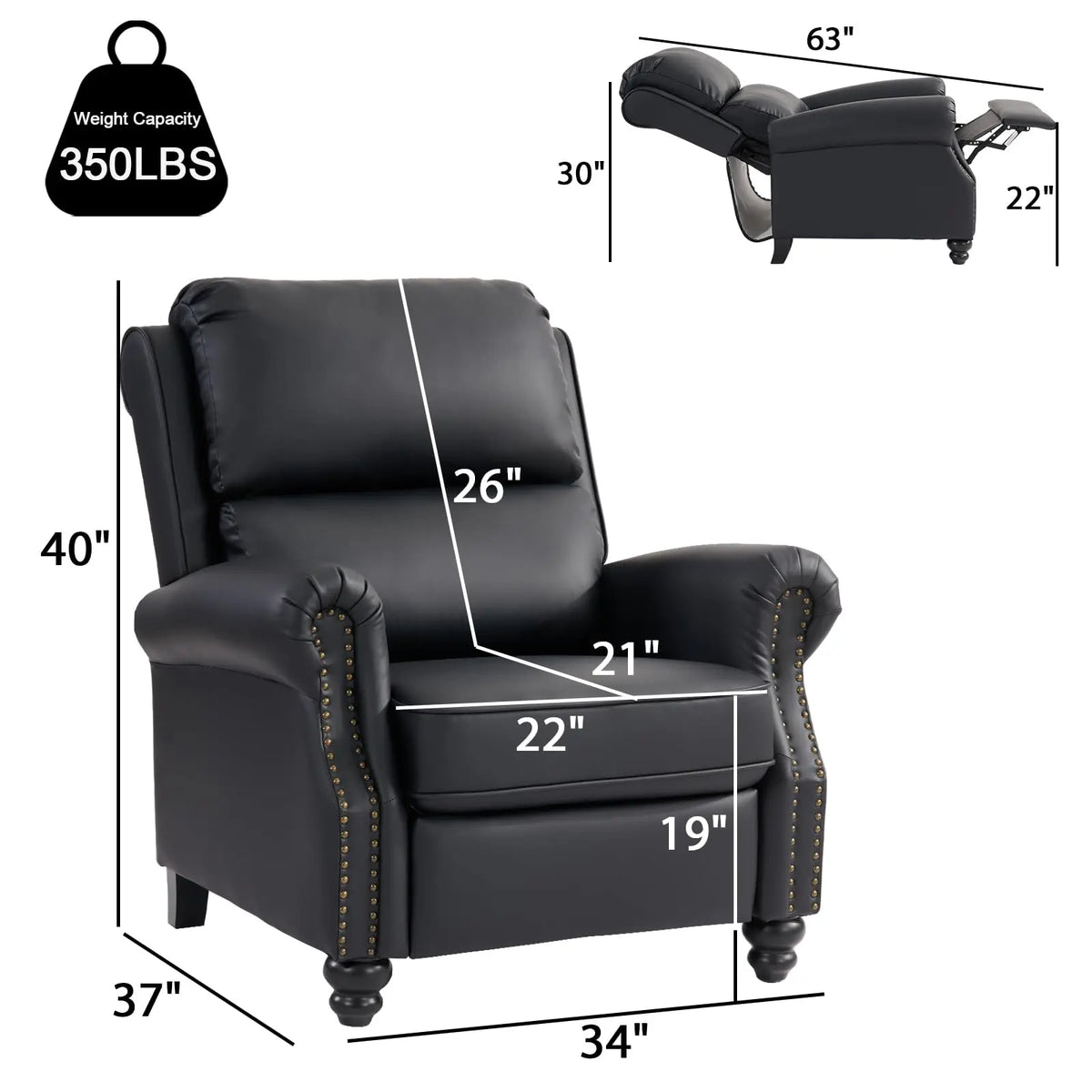 Pushback Recliner Chair Faux Leather Armchair Push Back Recliner with Rivet Decoration Single Sofa Accent Chair for