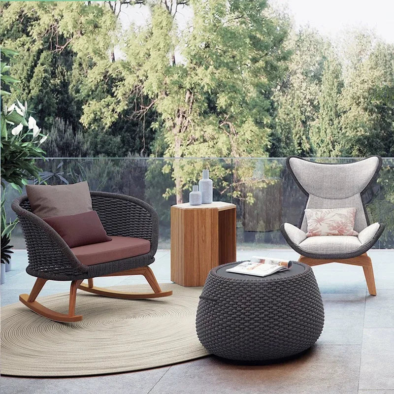 High-grade teak outdoor sofa courtyard rattan chair sofa combination leisure villa garden balcony single rattan rocking chair