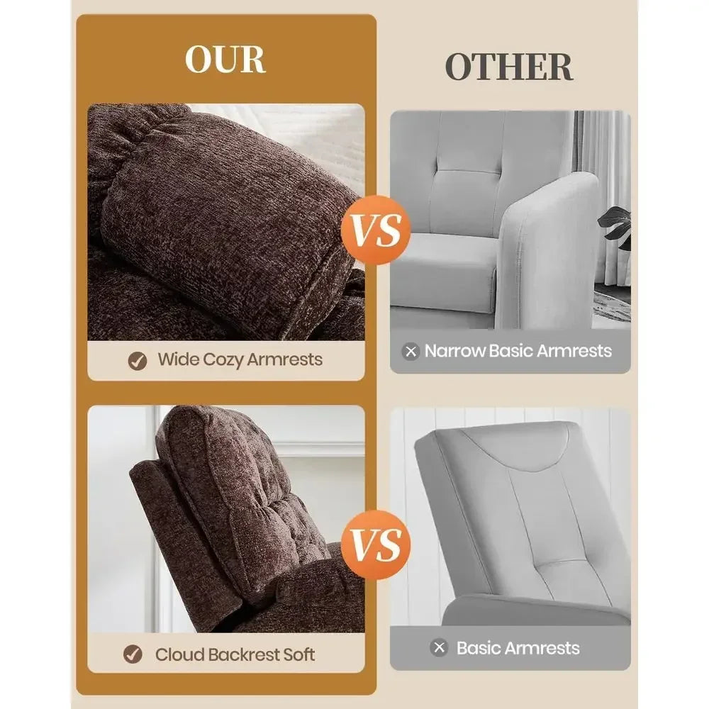 Extra Wide Power Recliner with Swivel, Rocker, and USB Ports, Ideal for Living Room or Nursery, Supports Up to 375lbs, Brown