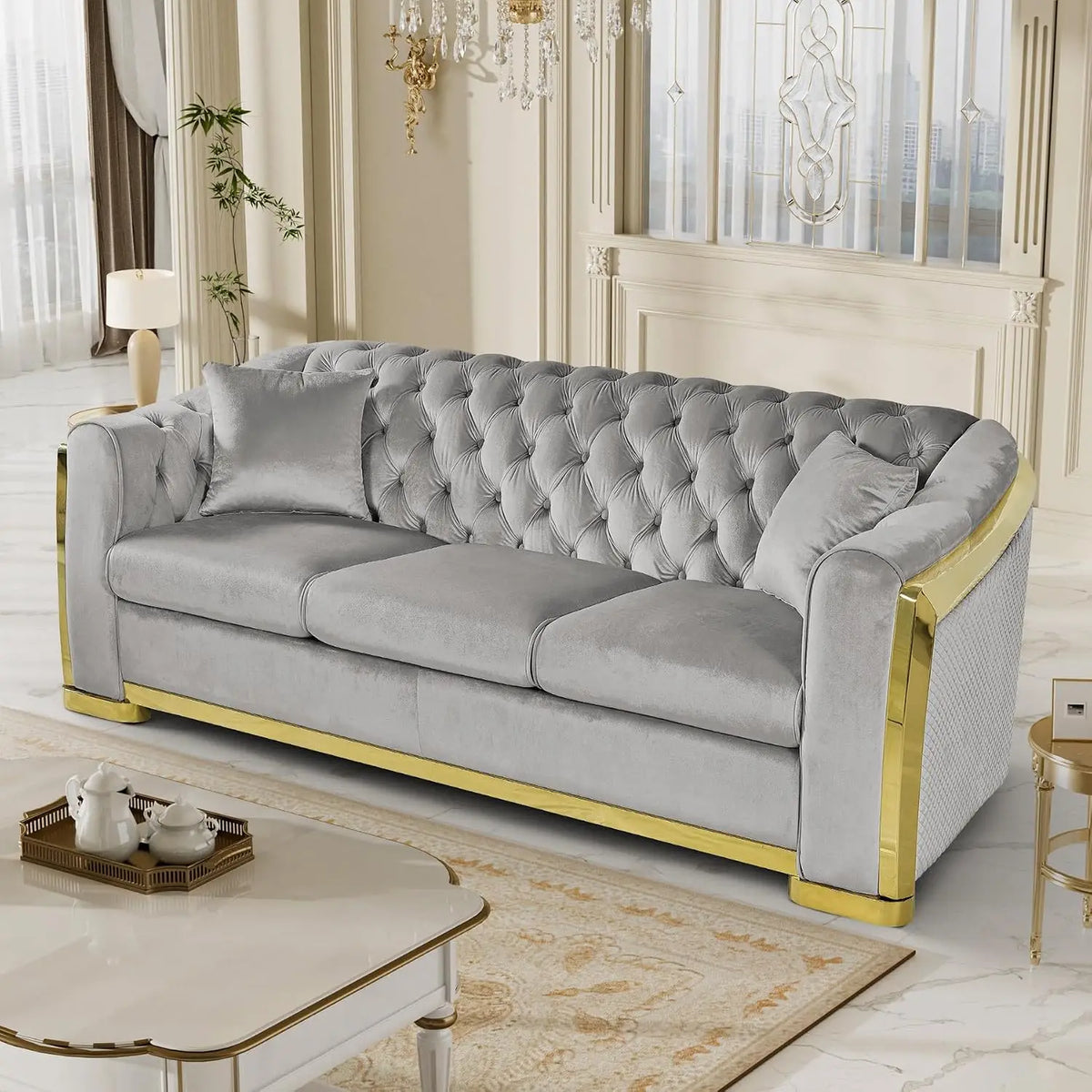 Mid Century Modern Sofa 84" Grey & Gold Tufted Velvet Upholstered Living Room Furniture, Customized