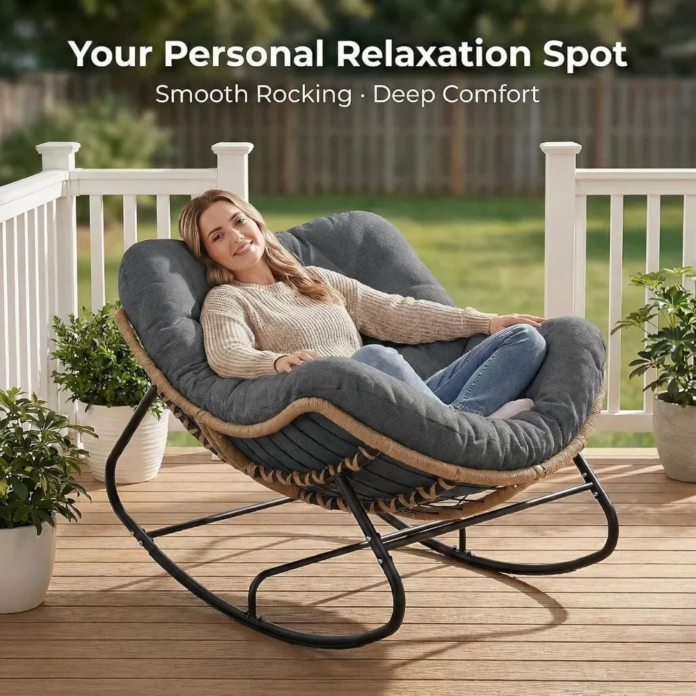 Oversized Outdoor Rocking Chair, Patio Papasan Rocker, Comfy Wicker Egg Chair with Cushion, Dark Grey