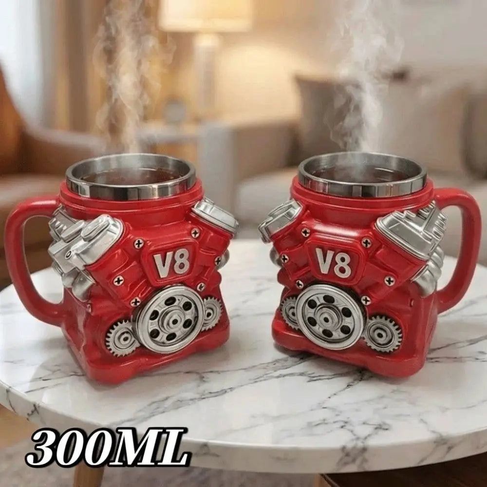 Retro Engine Coffee Mug with Handle 300ML 15oz V6 Engines Stainless Steel Cup Realistic Design Double Wall Insulation Car Mug